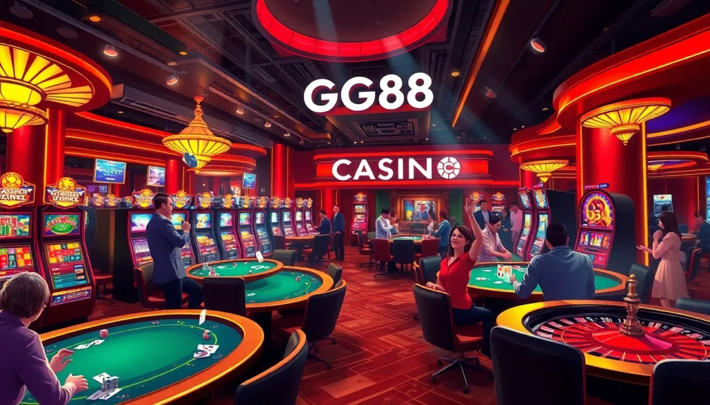 Engaging scene showcasing the excitement of CASINO GG88 with players at tables, vibrant slot machines, and celebratory vibes.