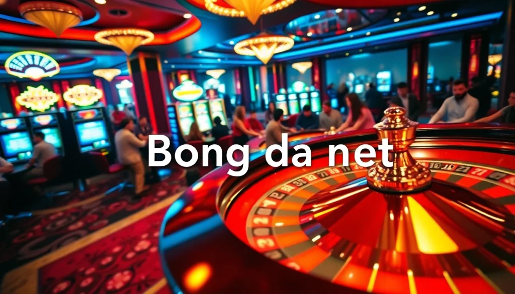 Exciting casino action with Bong da net players at roulette and blackjack tables.